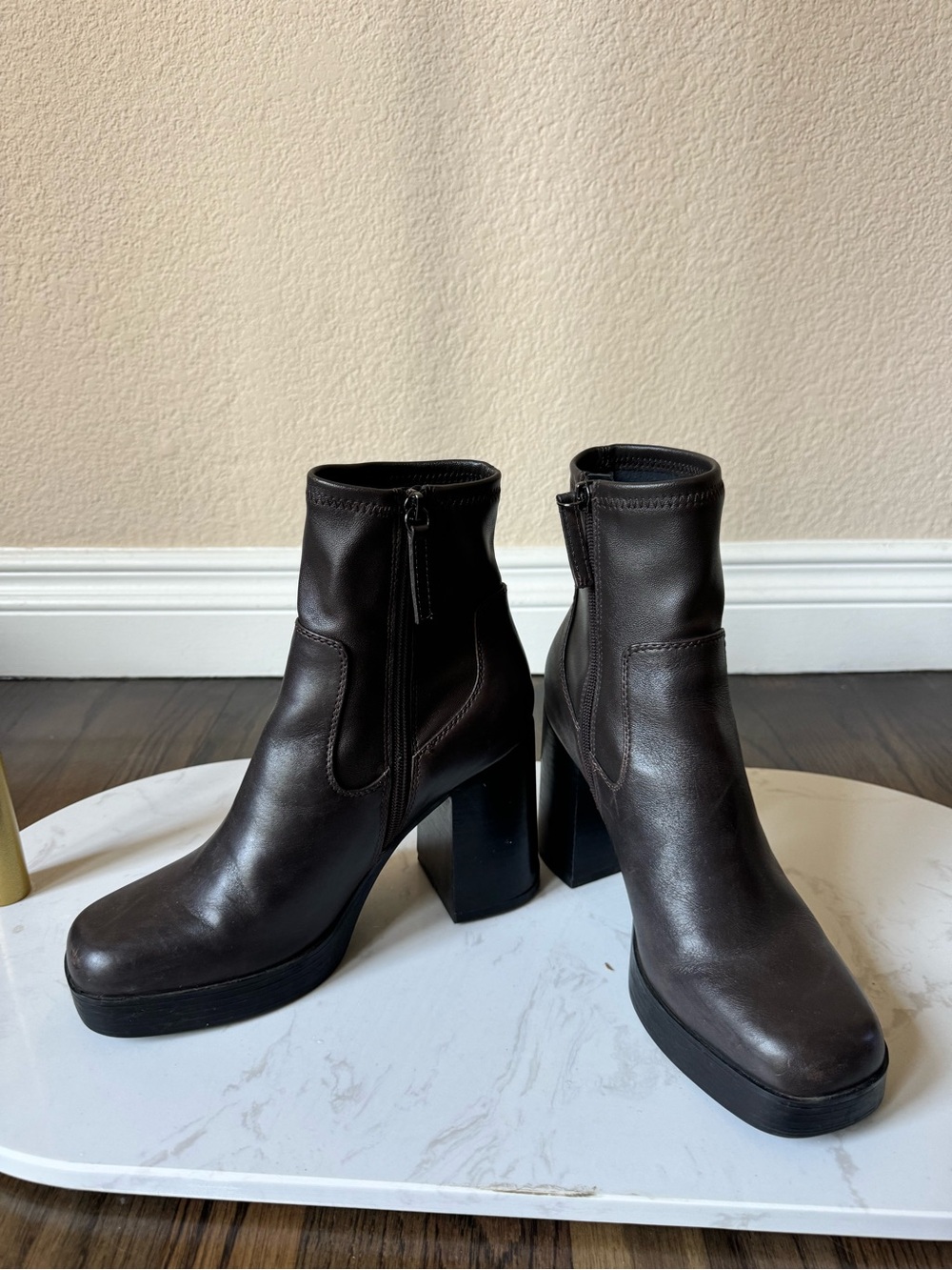 Aldo Brown Leather Platform Block Heel Ankle Boots